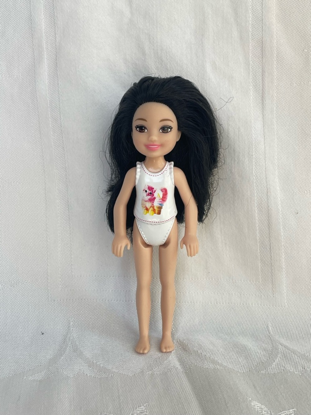 Barbie Chelsea Doll Black Hair Asian Articulated White Swimsuit w Cat Ice Cream